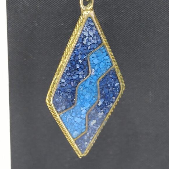 Vintage Alpaca Mexico Inlay Earrings Blue Turquoise Silver Diamond Shape Dangle - Picture 4 of 9